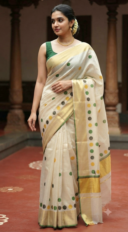 Tissue Kerala saree ( green border) with polka dot prints- blouse pc