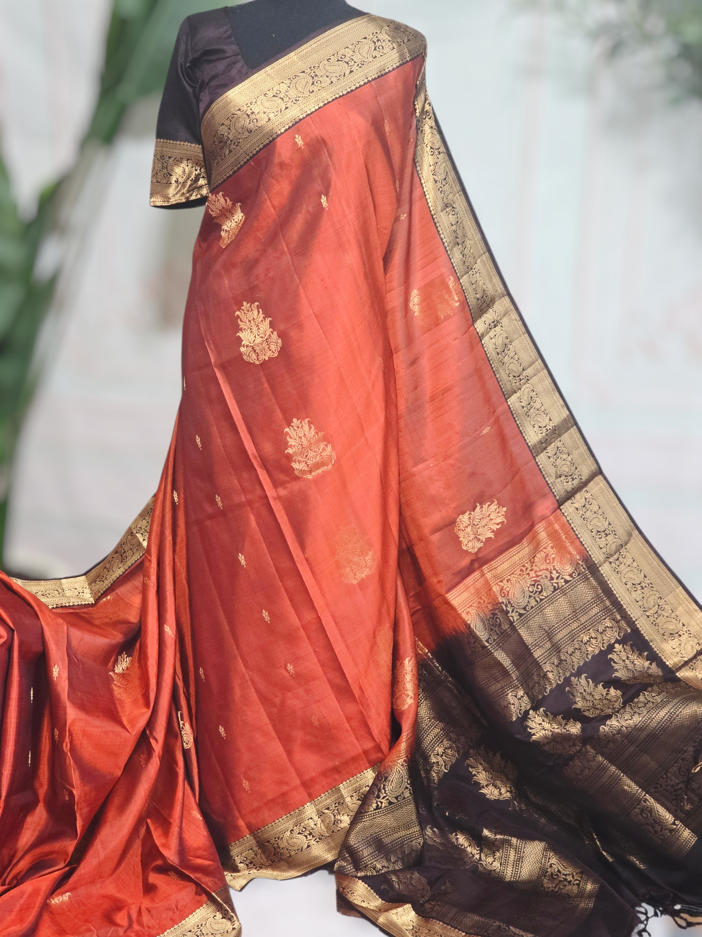 Burnt orange/brown pure kancheepuram silk mark saree with stitched blouse/fall/pico
