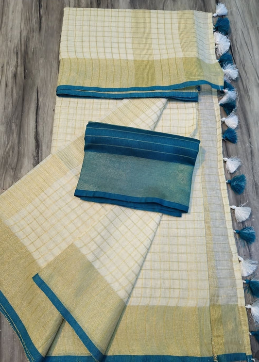 Cotton(mix) linen onam saree with stitched blouse (blue)
