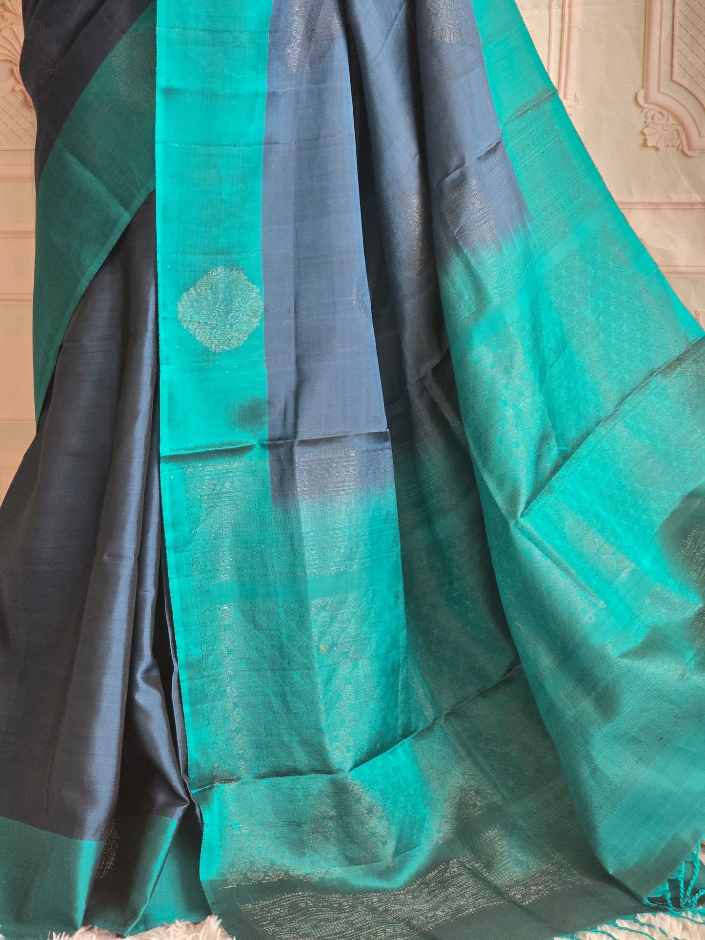Kancheepuram soft silk with bluish grey and blue combo- Stitched blouse