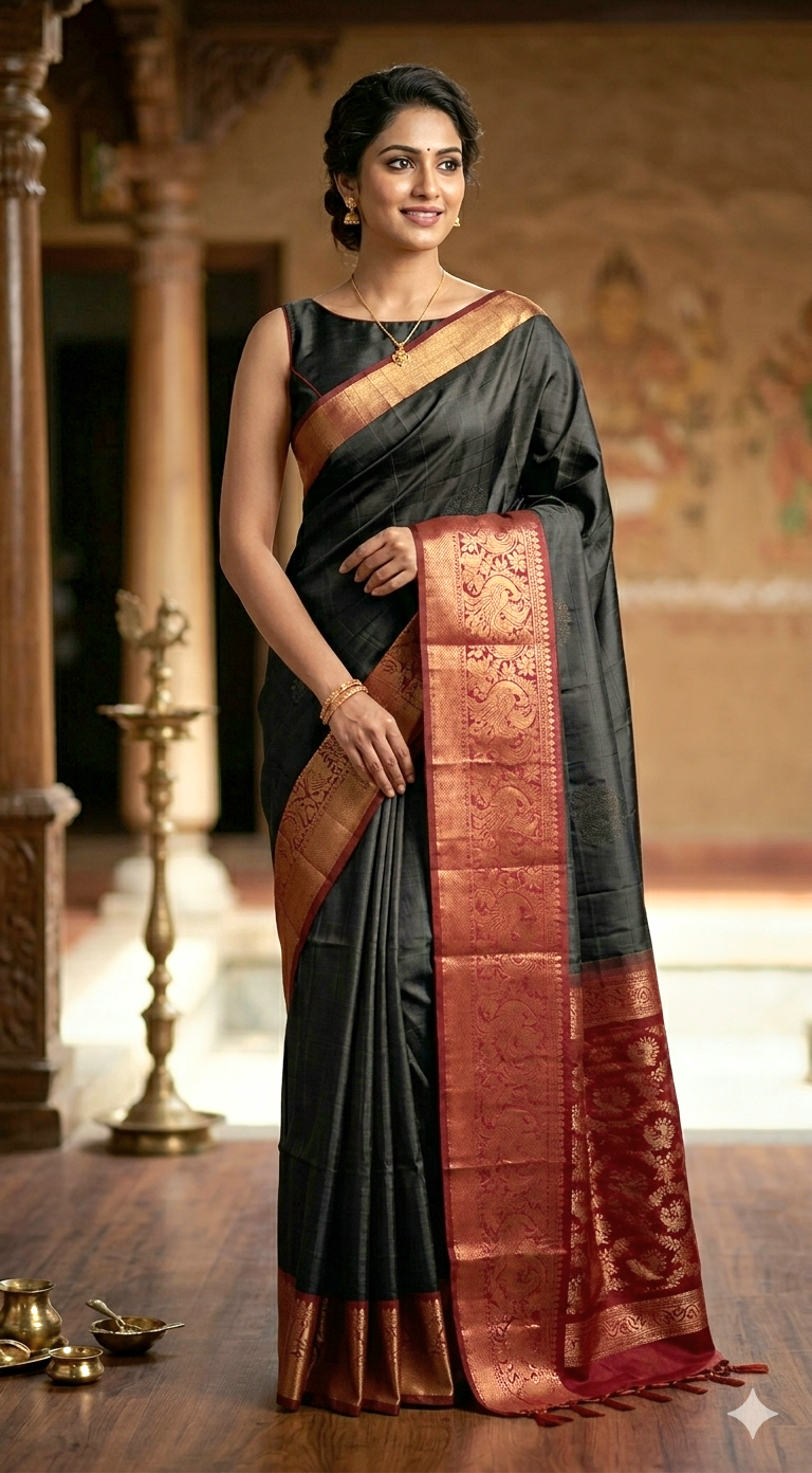 Black kancheepuram Silk saree with reddish maroon combo- stitched blouse