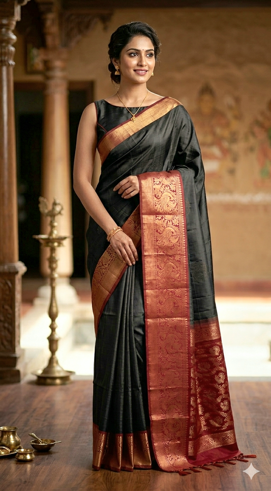 Black kancheepuram Silk saree with reddish maroon combo- stitched blouse
