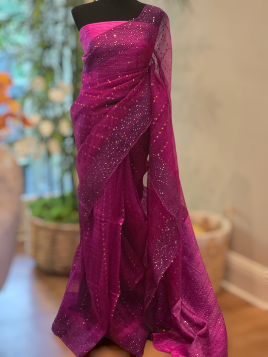 Pure muslin silk saree with sequins-stitched blouse