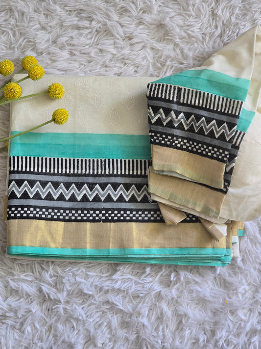 Cotton set saree with blue/ black print border- stitched blouse