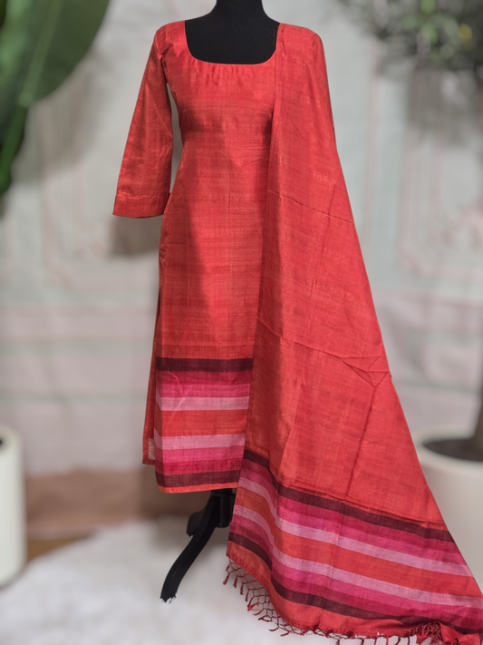 Semi tussar 3 pc salwar suit with multi color print