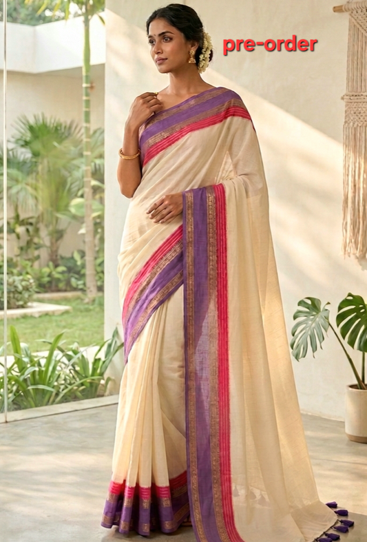 Mul cotton saree with red-purple kanchee border- No BP ( Red amd purple)