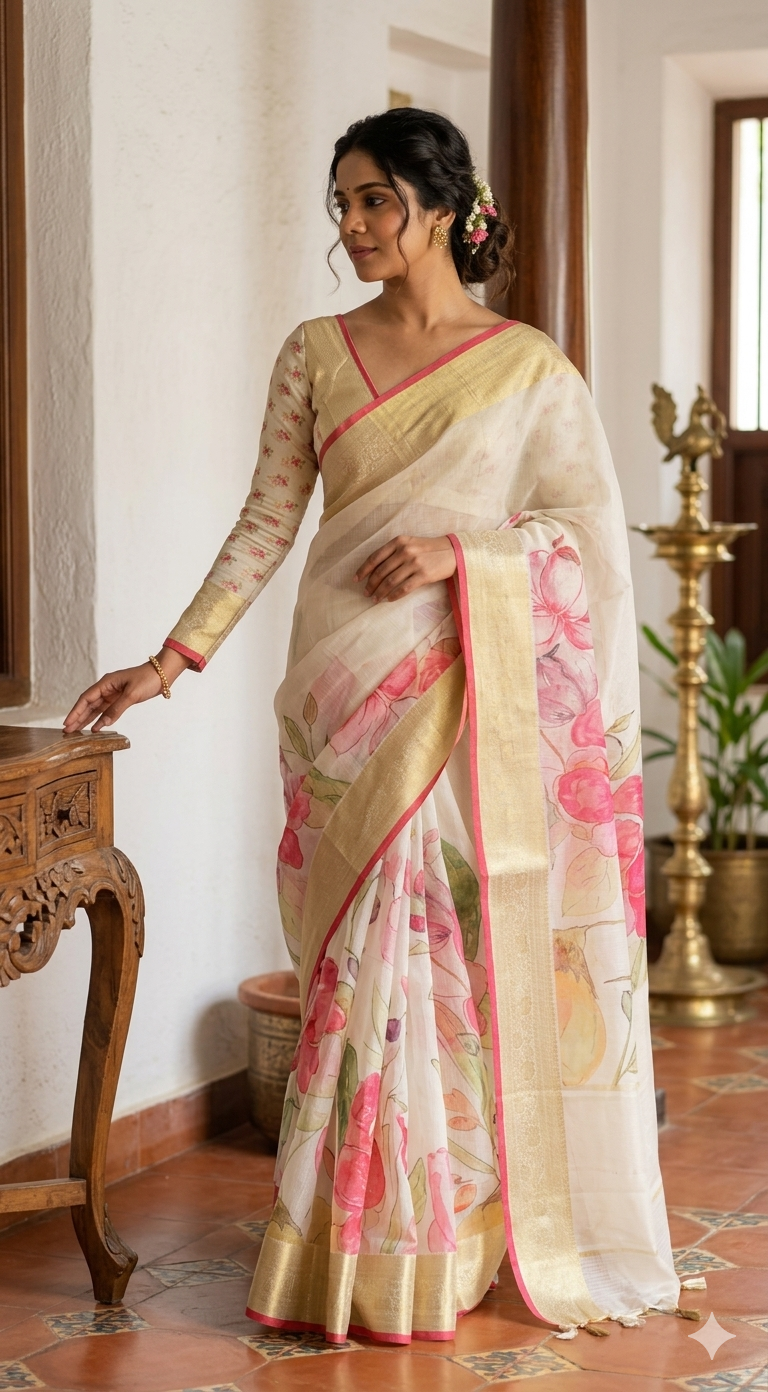 Semi silk saree with floral design- stitched blouse( sleeve)(34-42 size