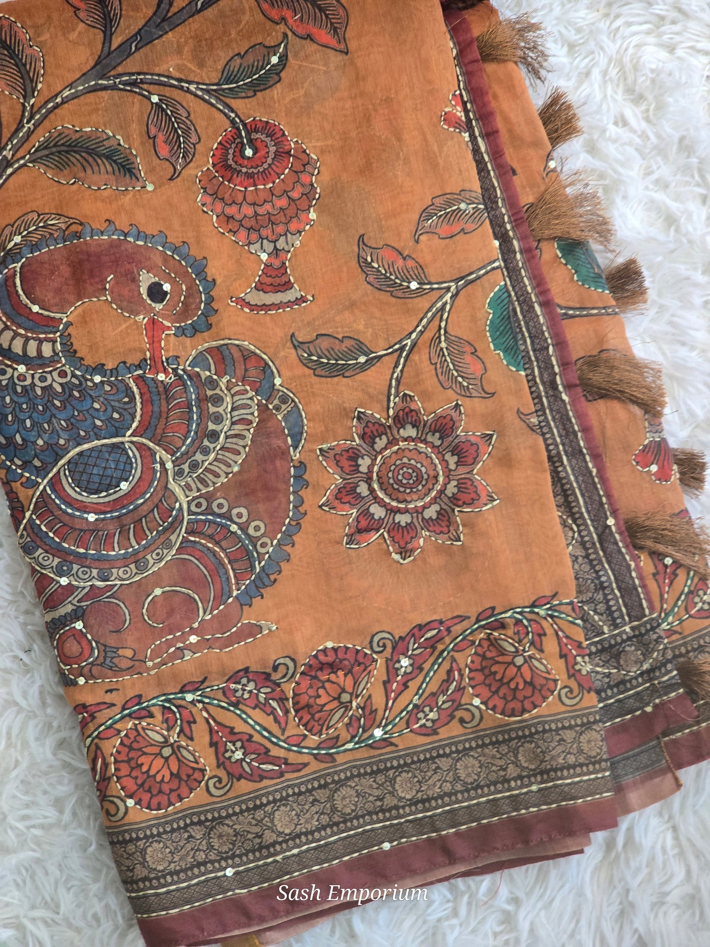 Cotton saree with floral and kantha work