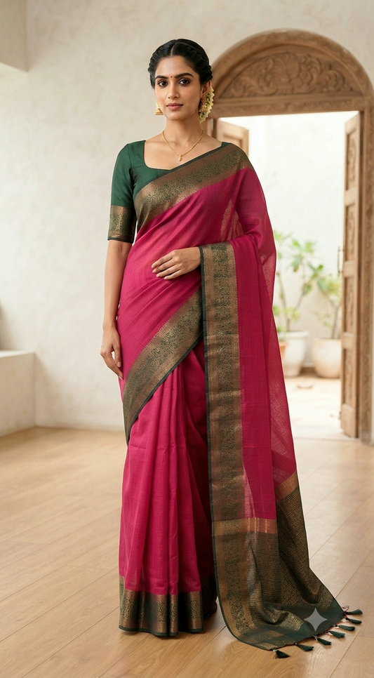 Semi jute silk saree with contrast pallu and stitched blouse