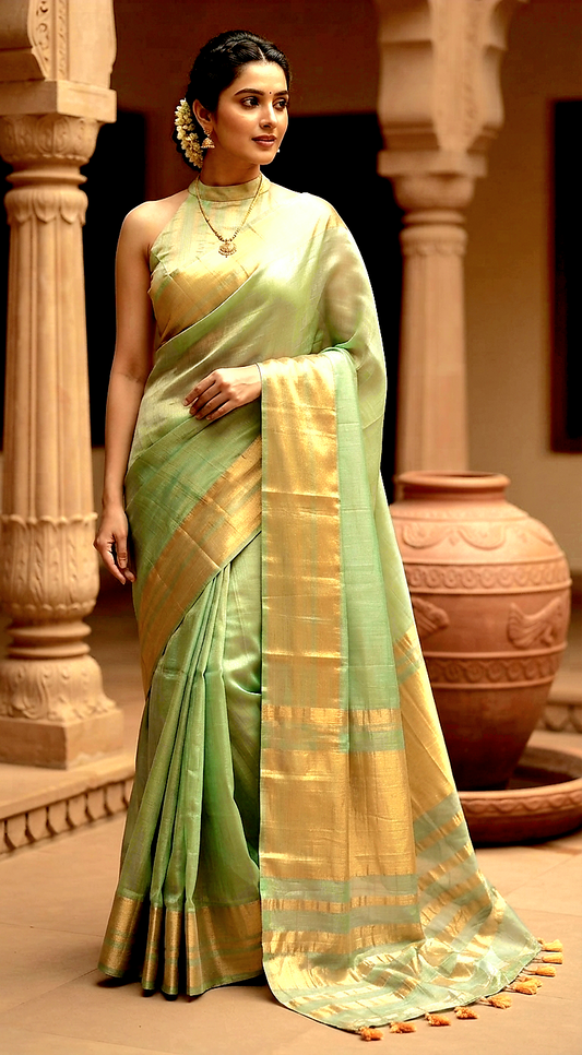 Semi tissue( pastel green)saree with stitched blouse ( elbow sleeve)