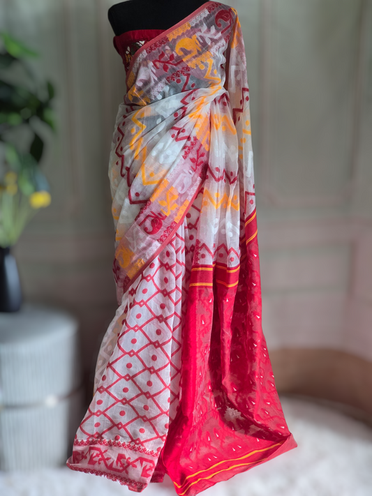Cotton Saree with red and white comb- stitched blouse