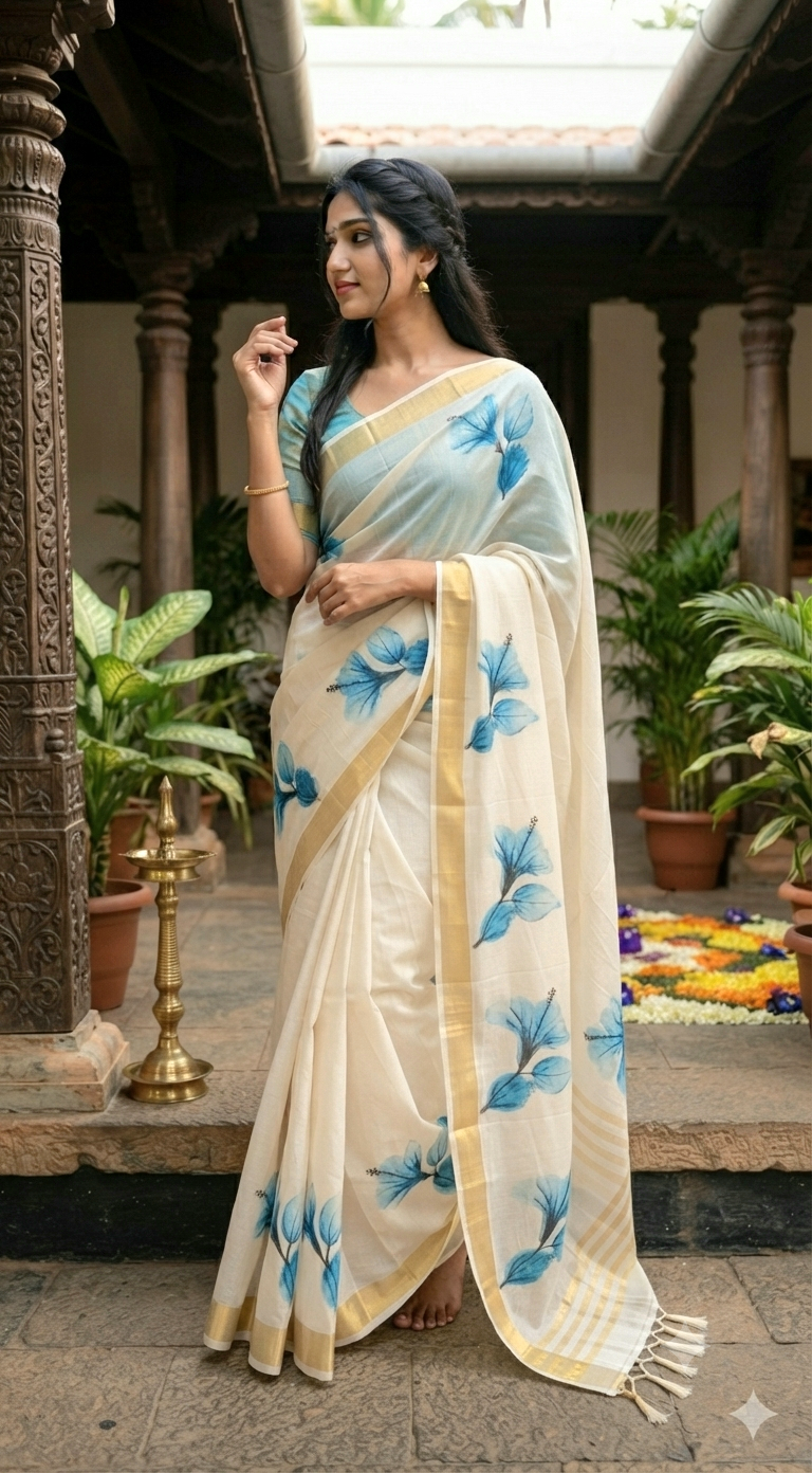 Cotton onam saree with blue printed design
