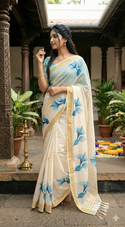 Cotton onam saree with blue printed design