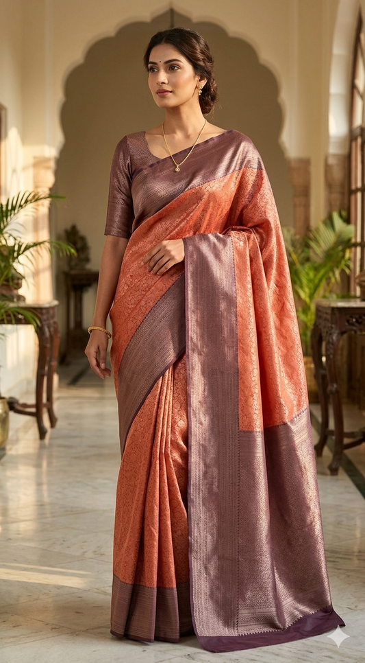 Brocade semi silk saree with stitched blouse