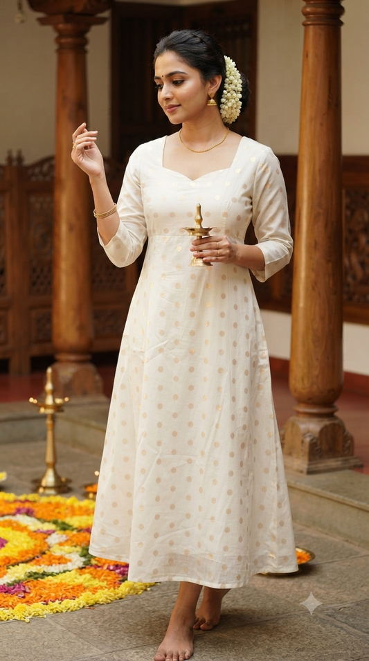 Cotton A line frock with golden buttas (onam special)