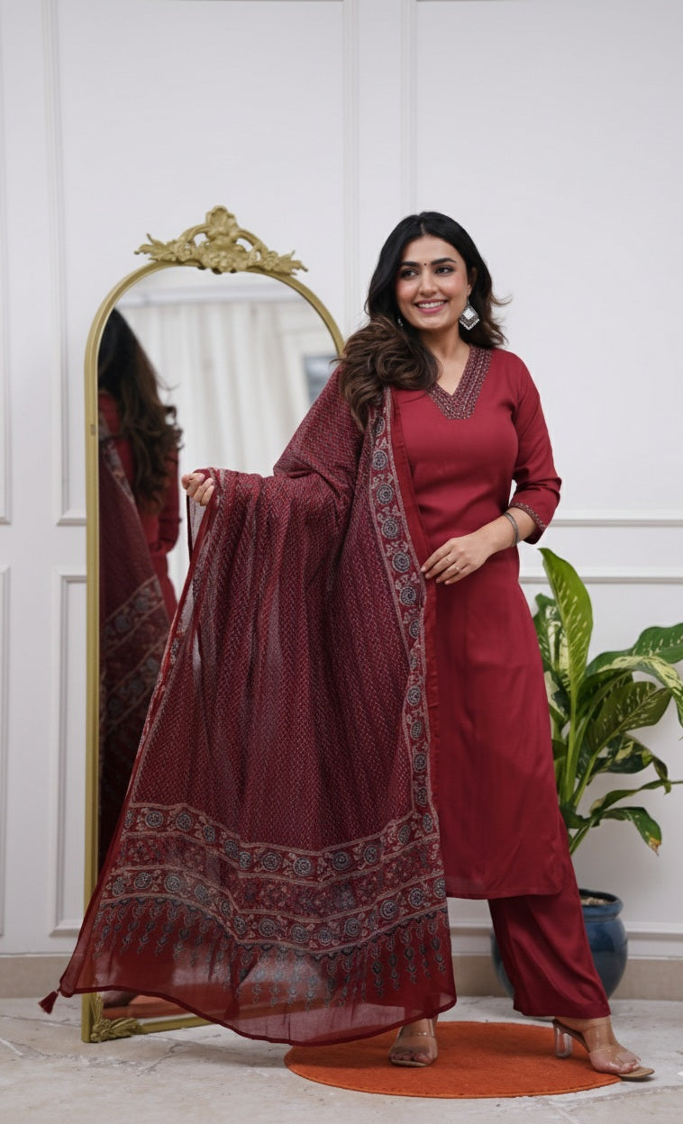 Cotton 3 pc salwar suit with V neck