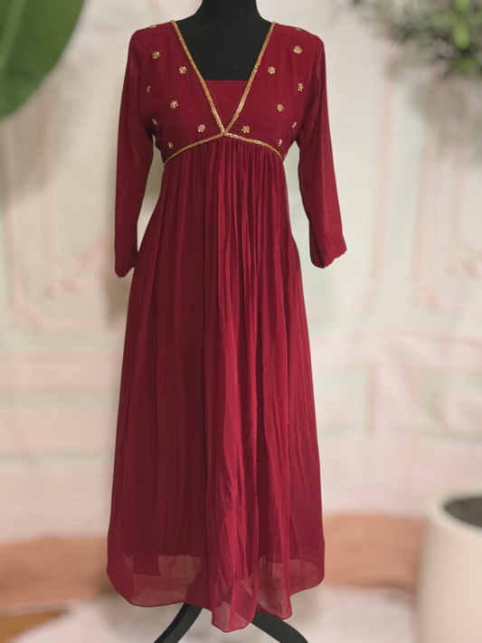A line kurti with hand work (Christmas special)- Dark maroon