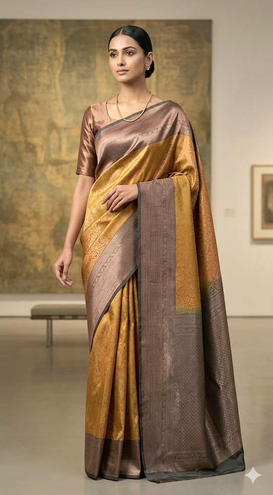 Brocade semi silk saree with stitched blouse