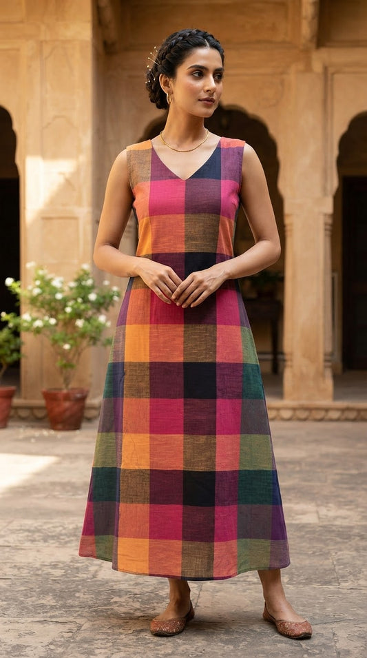 Madras check A line frock style kurti- sleevless