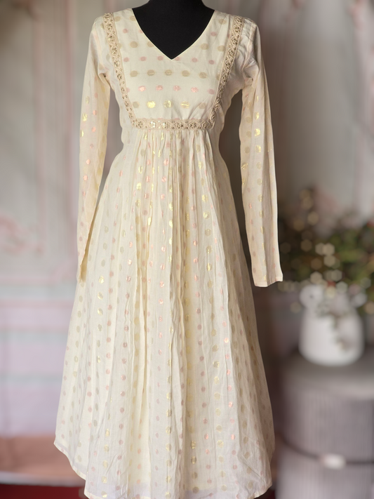 Off white A line kurti with dots design- Full sleeve