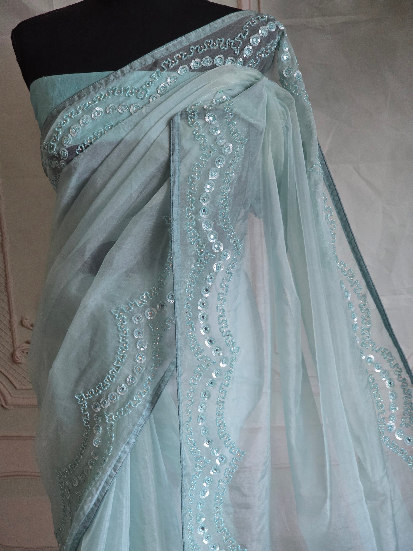 Soft organza (powder blue) saree with beads/stone work