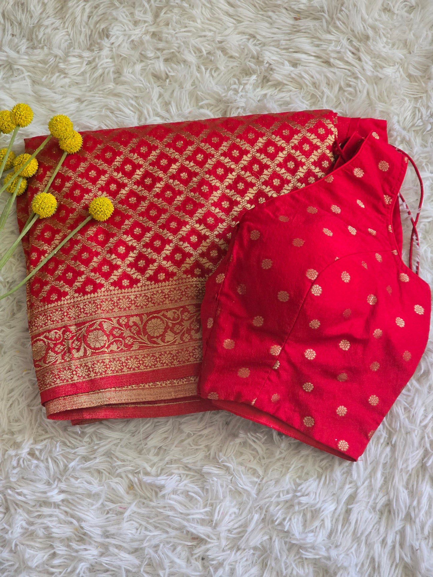 Semi munga (Red) silk saree- sleevless or with sleeve stitched blouse