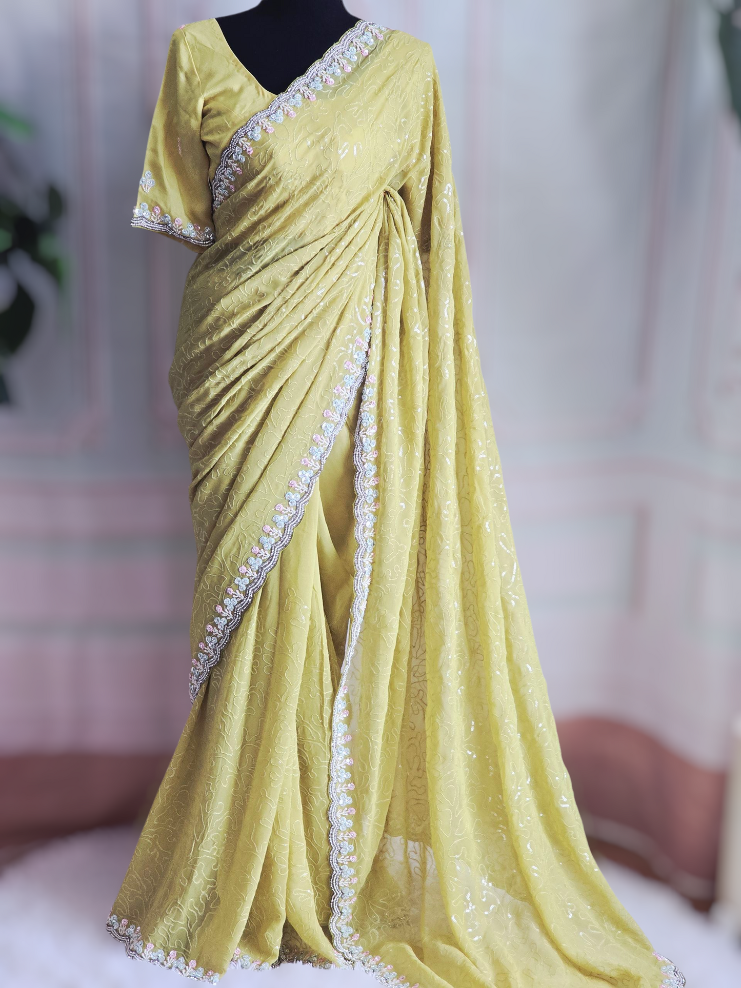 Georgette crape-designer saree( Lemon yellow) with handwork-stitched blouse