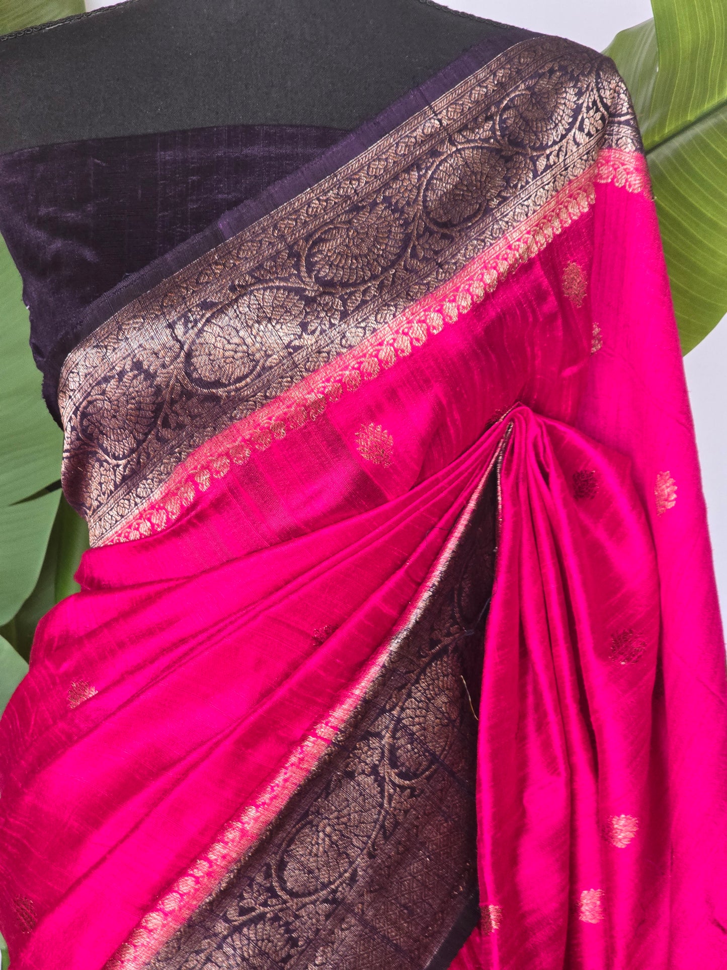 Tussar raw silk saree with banarasi border- contrast blouse (blue)