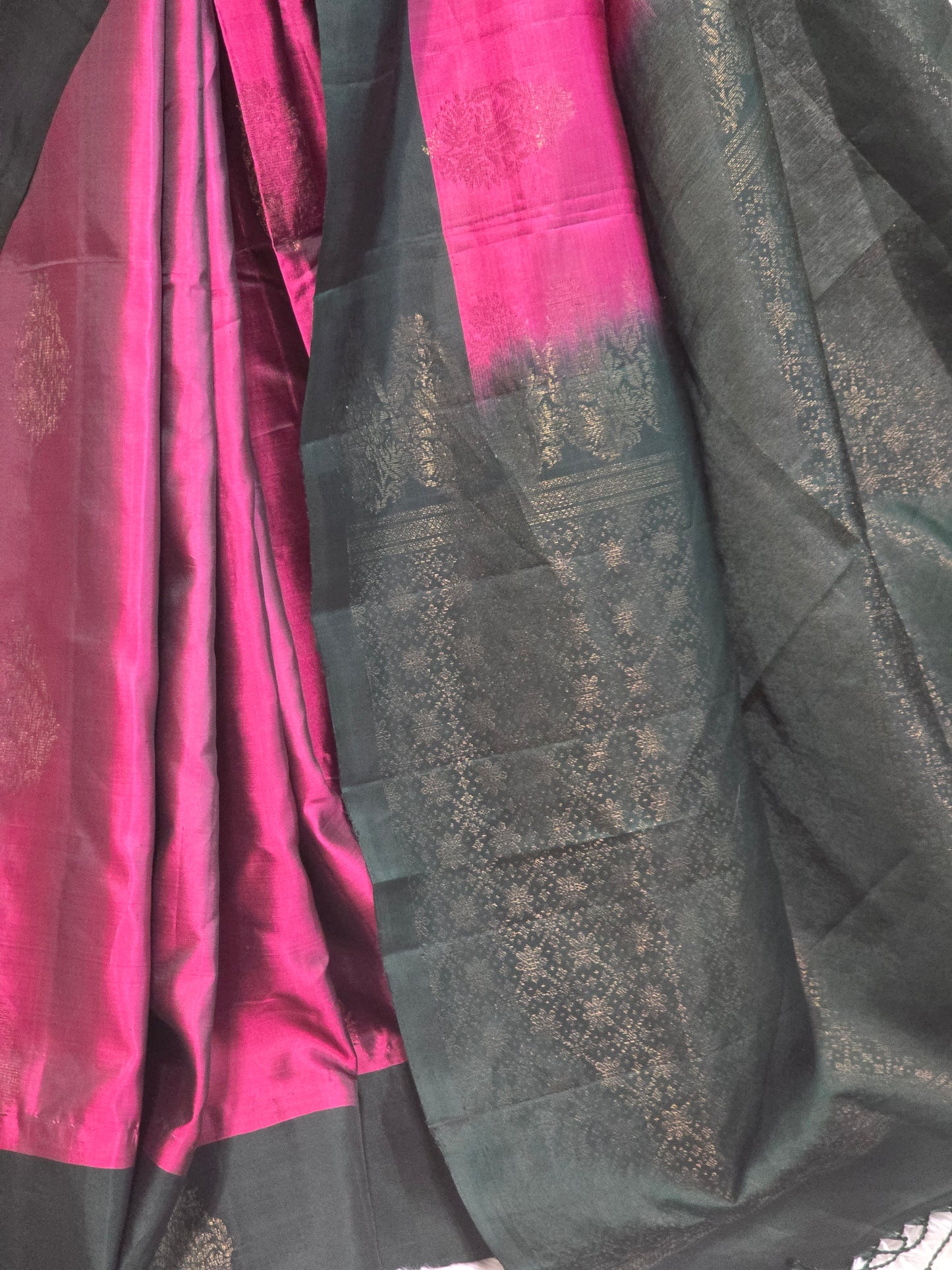 Kancheepuram soft silk with bluish grey and blue combo- Stitched blouse
