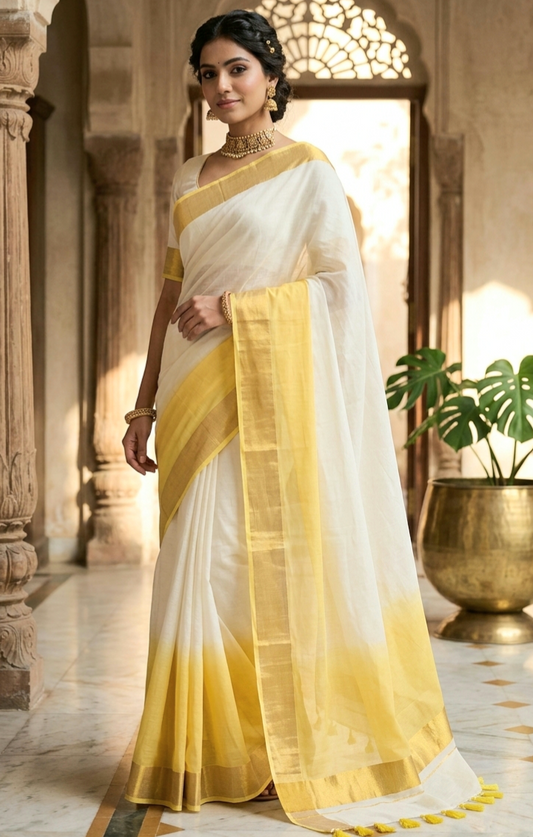 Mul cotton kerala saree with duel shade ( tassles)- No BP