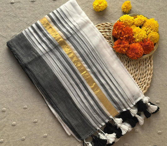 Mul cotton black/gold stripes saree- No Bp