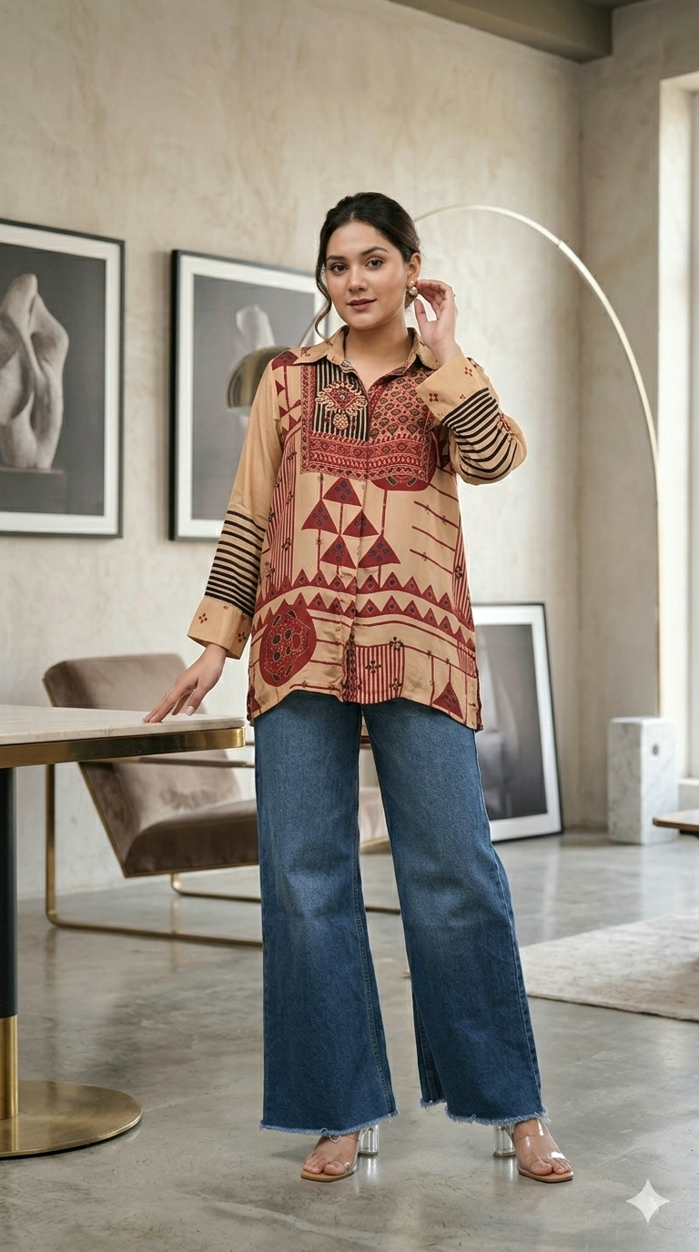Pure crepe silk shirt with ajrakh print
