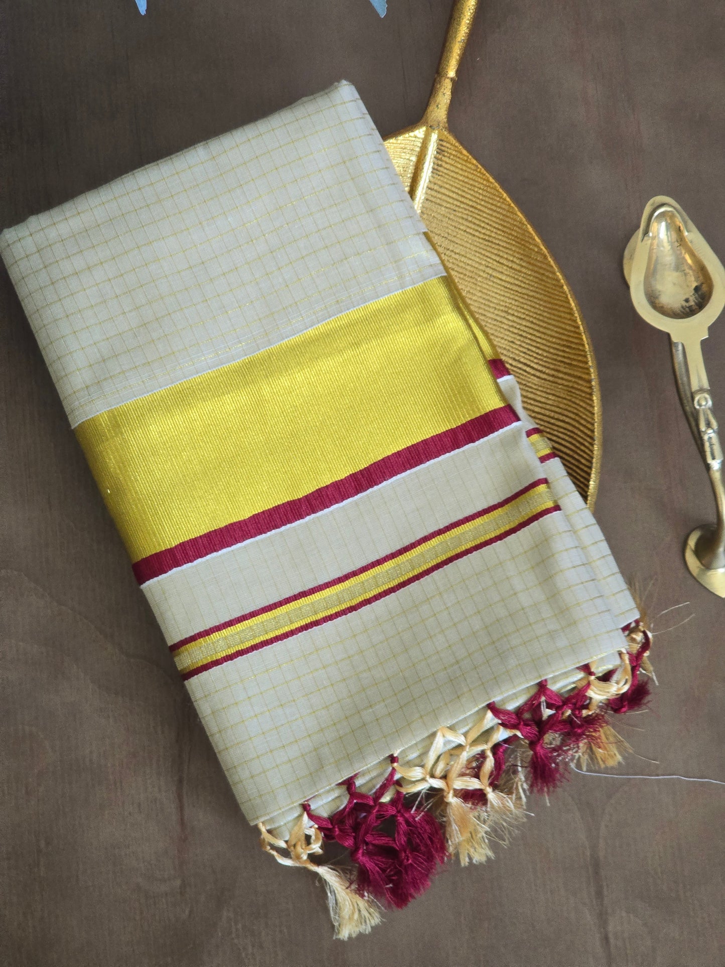 Tissue check set saree with maroon- gold combo