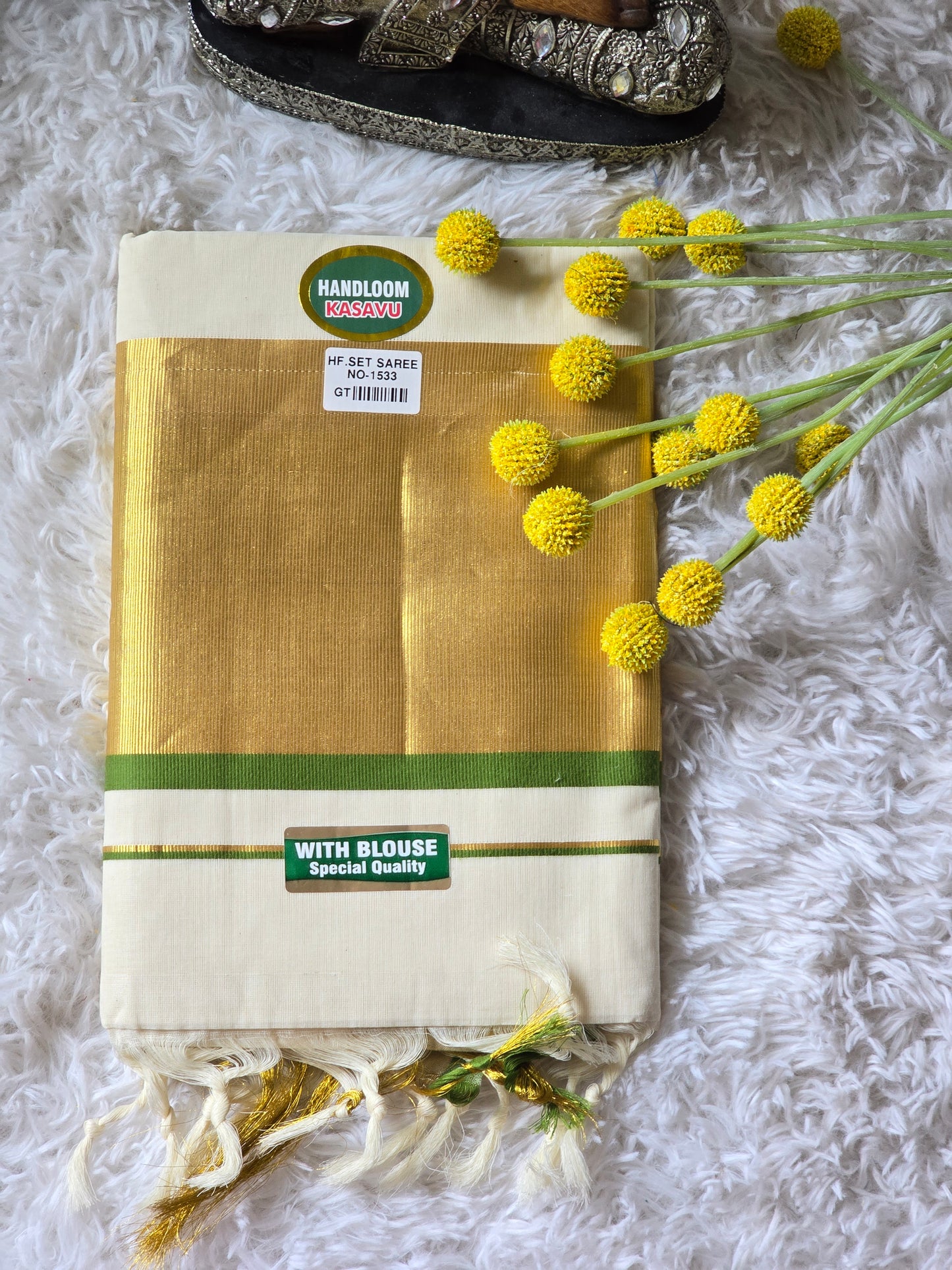 Cotton onam saree with gold and green combo
