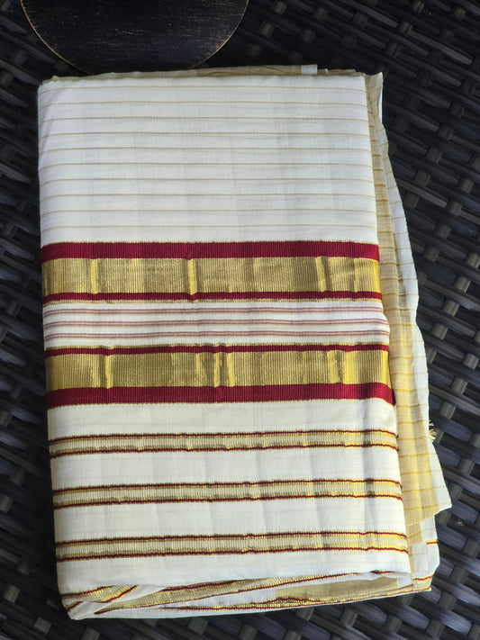 Onam set saree with maroon border on Pallu ( body gold line)