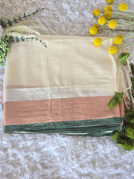 Mul cotton onam saree with copper n green border-No Bp