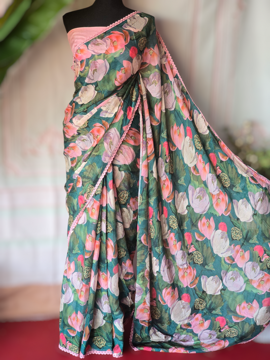 Chiffon floral printed saree with stitched blouse