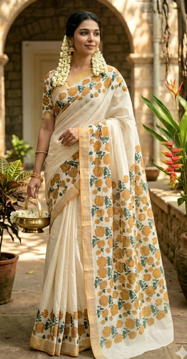 Premium cotton kerala saree (yellow/gold) with floral block print design-stitched blouse