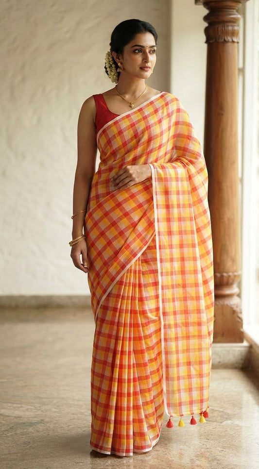Mul cotton saree with check design- fall and pico ready- No BP