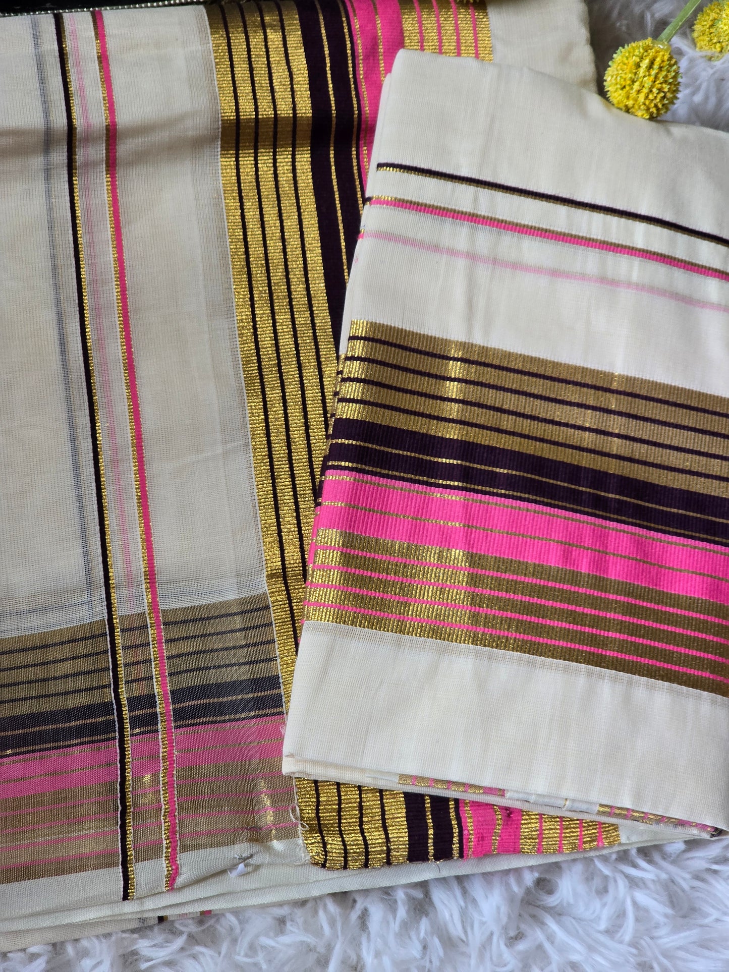Premium cotton Onam set mund pink/ brown (3.85*280)