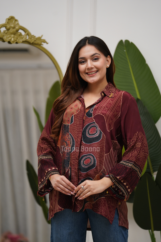 Pure crepe silk shirt with ajrakh print