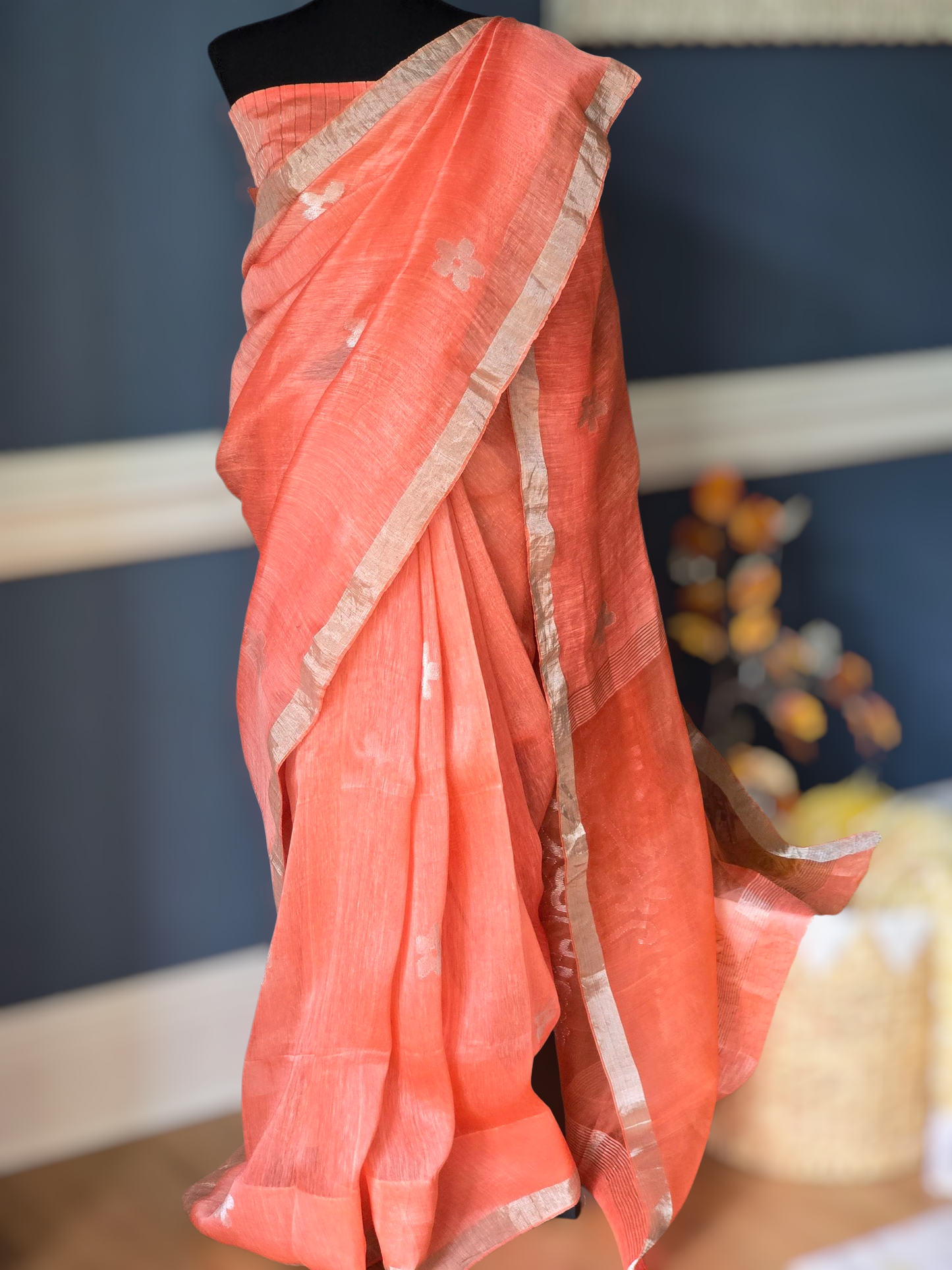 Matka linen saree with silver zari- stitched blouse
