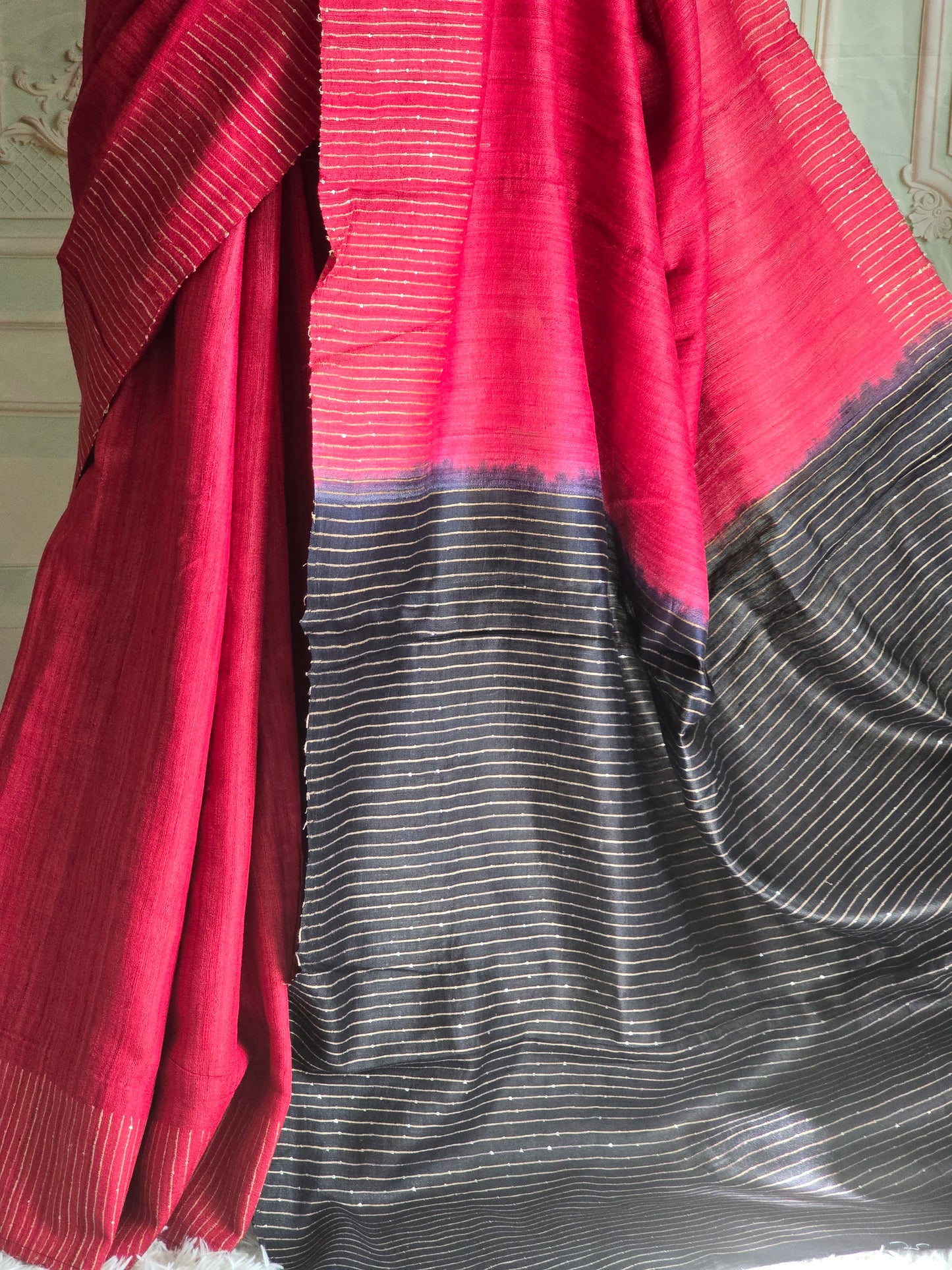 Pure jute silk saree with stitched blouse (sleevless black stripes)