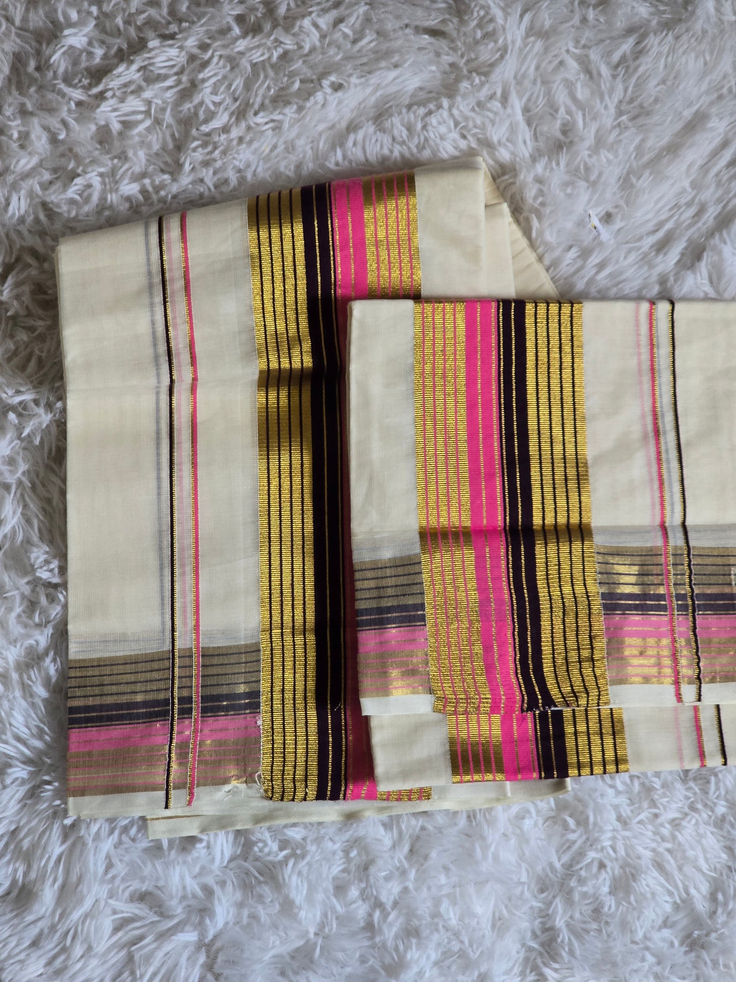Premium cotton Onam set mund pink/ brown (3.85*280)