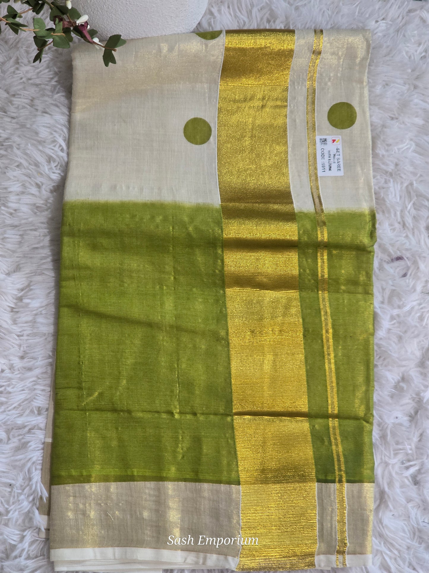 Tissue set saree with green polka dots(duel shade)
