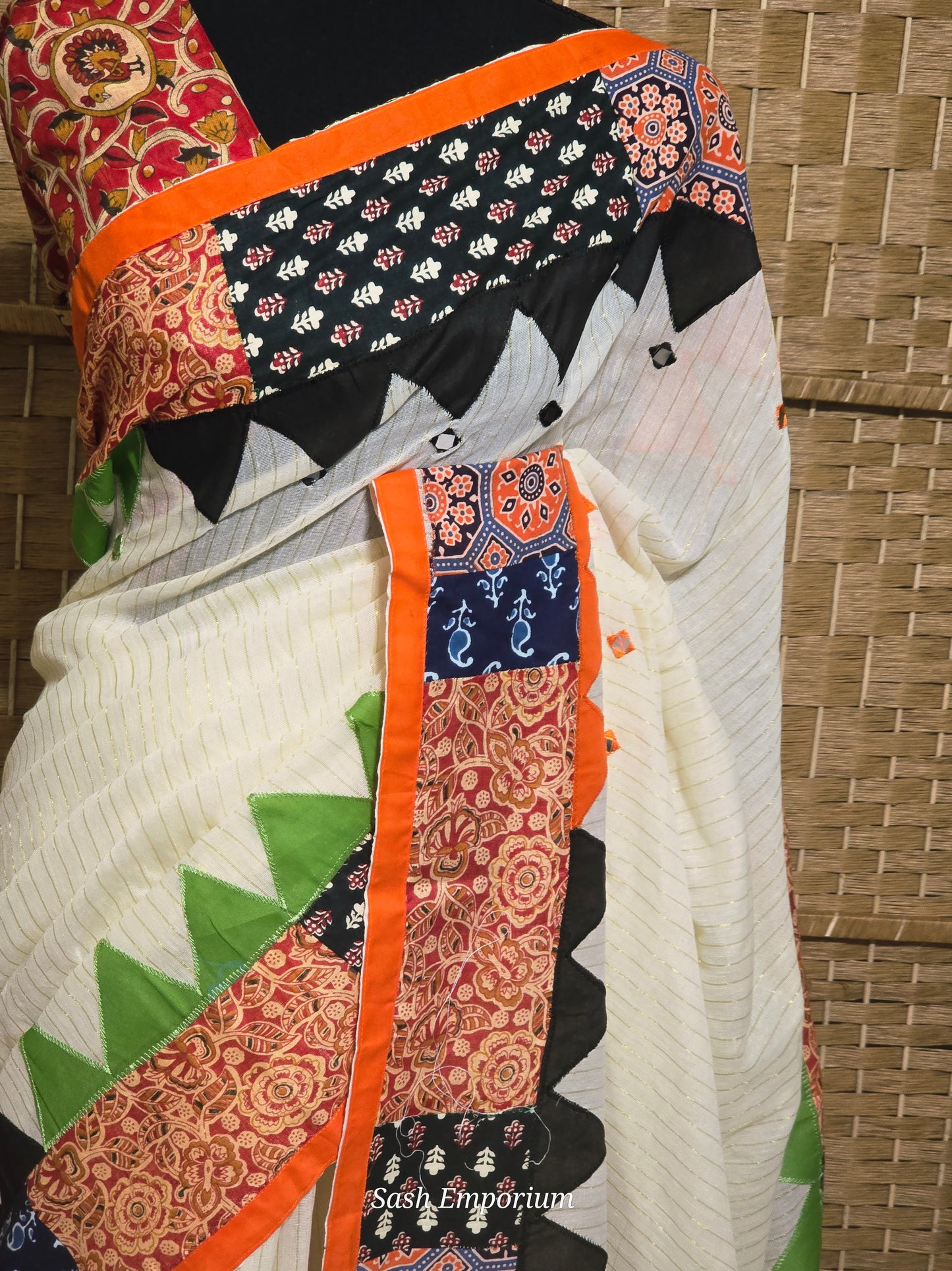 Cotton saree with multi color patch border-with Bp