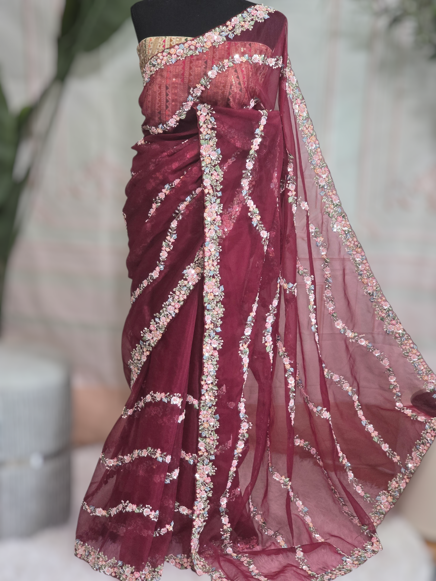 Organza party wear saree with heavy work all over body- stitched blouse