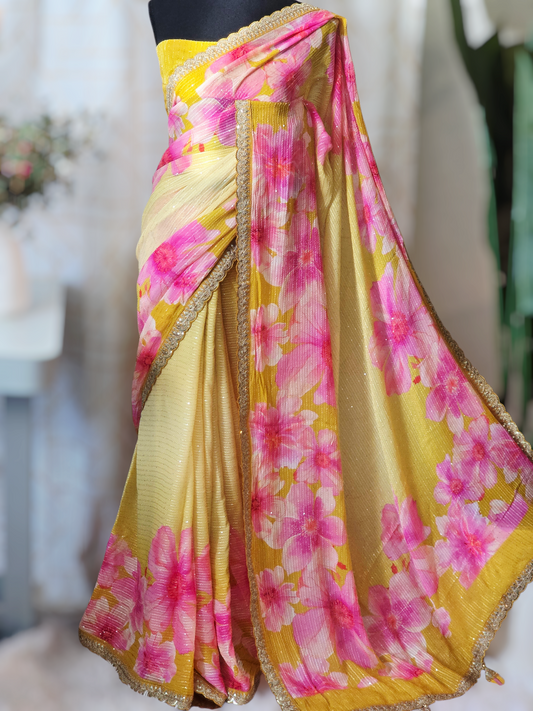Crape georgette designer saree with floral design- stitched blouse