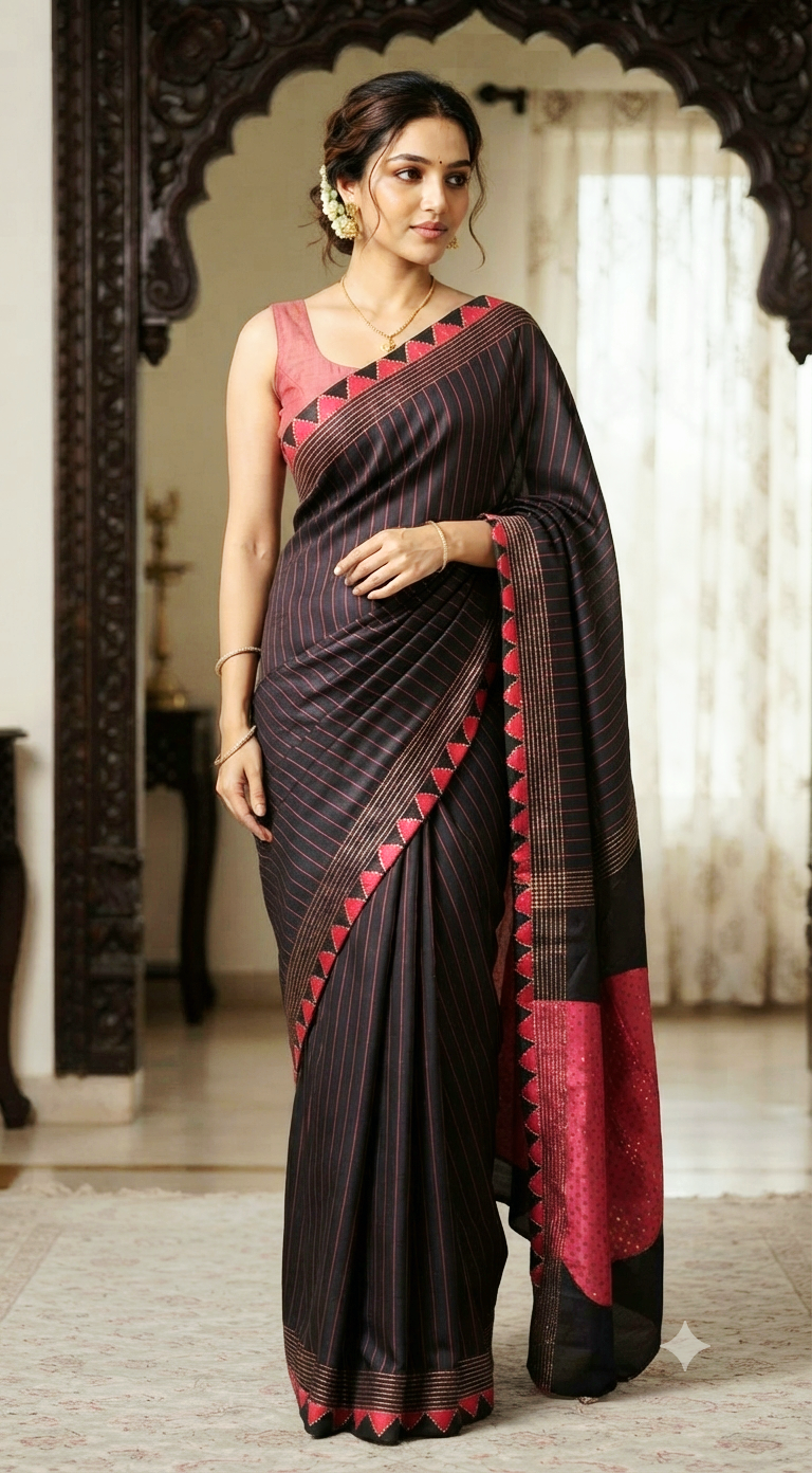 Semi modal silk saree with kantha work