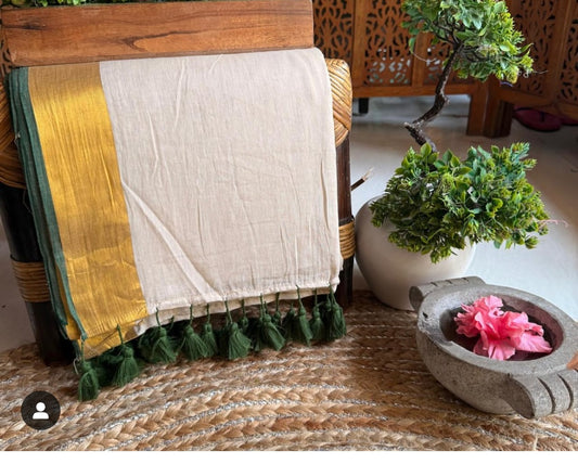 Mul cotton onam saree with gold/green border- no blouse